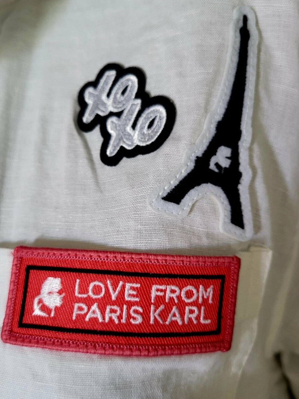 NWT~$90~KARL LAGERFELD~SZ M~WHITE ROLL TAB SLEEVE SHIRT TOP BLOUSE PARIS LOGO - Picture 8 of 16